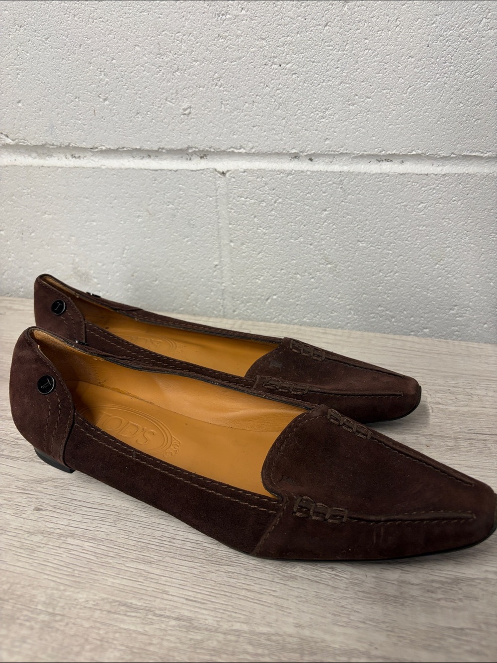 Tod's Sz 35.5, US 5 Dark Brown Suede Pointed-Toe Loafers studded side